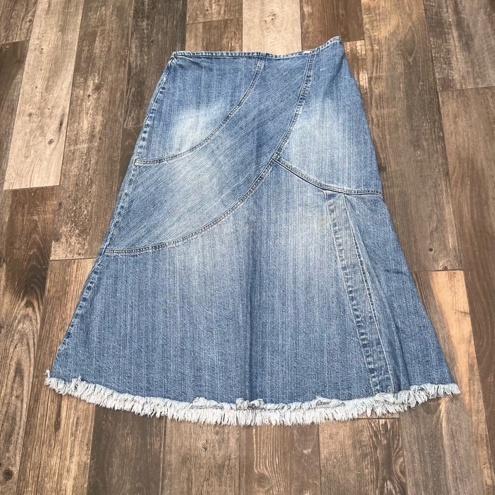 Cato Denim Panel Maxi Skirt Jean Frayed Split Hem Y2K Sz 14 Western Boho Retro